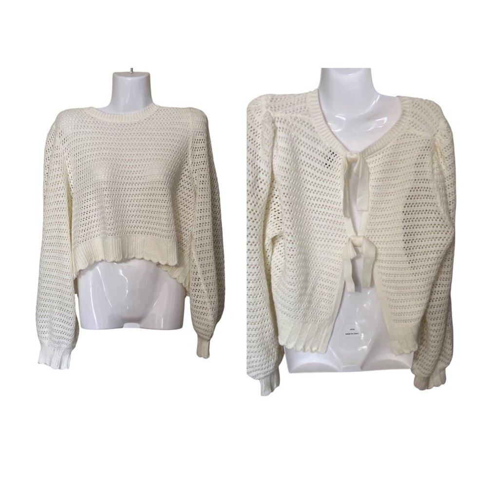 Womens White Crochet Knit Sweater With Tie-Back Detail Size L H&M‎ Boho Beachy